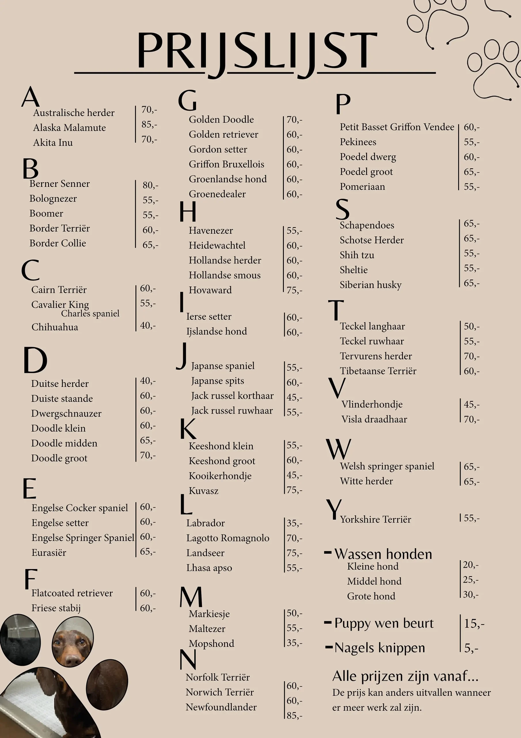 Prijslijst 2024 Bark and the Beautiful BATB trimsalon Varsseveld hondenkapper